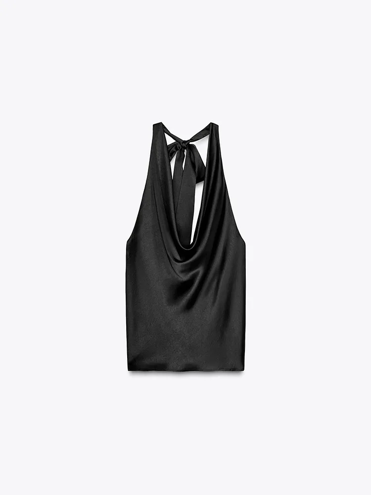 New Summer 2025 Women's Sexy Bal  Knot Hanging Ne Silk Satin Feeling Top Commute Sle Slim Fit Regular Length