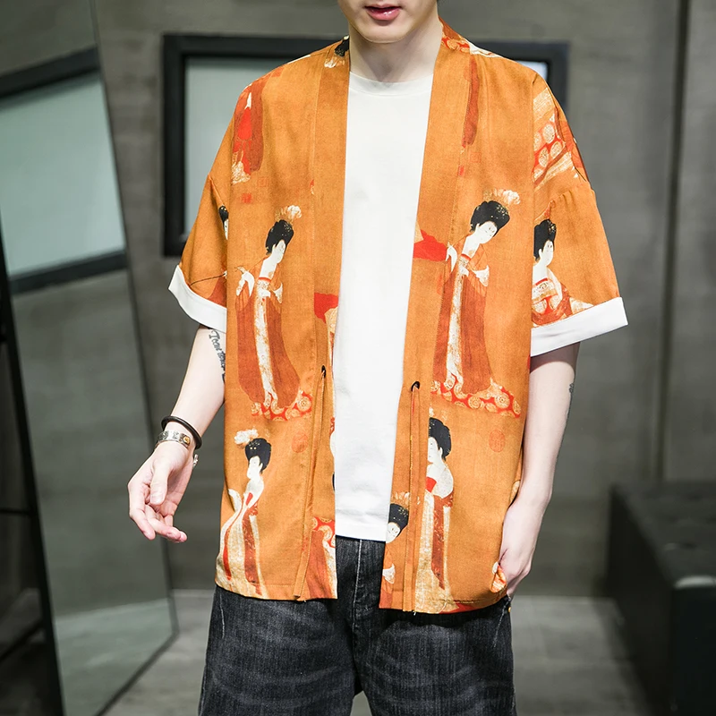 

Fashion printing Hanfu Mens Chinese Style Robe Cardigan Jacket Oversized Kimono 5XL Ancient Coat Male