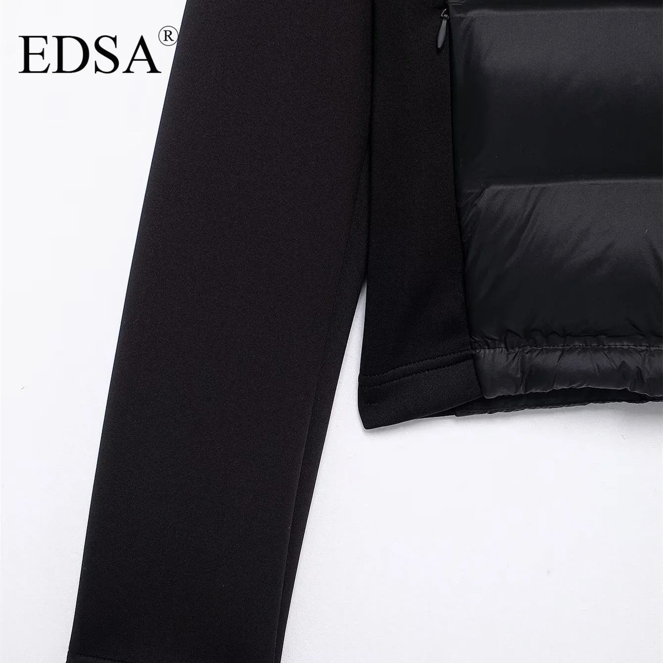 سترة نسائية مبطنة باللون الأسود من EDSA بغطاء للرأس قابل للتعديل مع سدادات ورقبة عالية وأكمام طويلة وجيوب جانبية ملابس خارجية شتوية دافئة