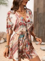 Women's Bohemian holiday style geometric print V-neck wide-leg trousers hidden meat non-bloated jumpsuit - Image 3