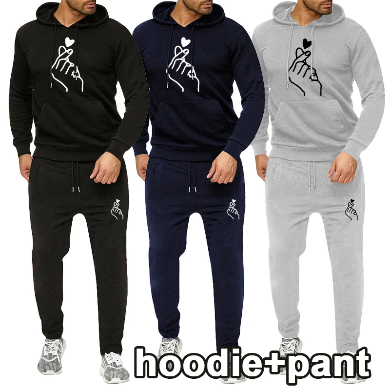 women s fashion high collar solid color two piece jogging set casual pullover hoodie sweatwear pants sweatshirt jogging set Autumn Men's Fitness Hoodie Sportswear Set Solid Color Printed Hoodie+Pants Two Piece Set for Men's Outdoor Running and Jogging
