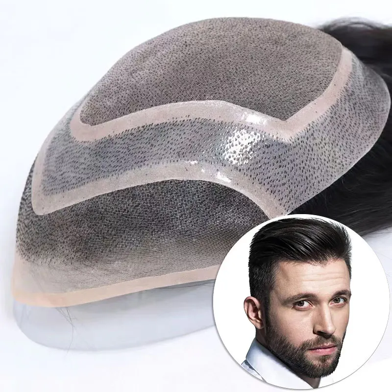 

6" Mono Hair Toupee For Men Male Lace Front Human Hair Wig Straight Hairpiece Natural Color Hairline 150 Density