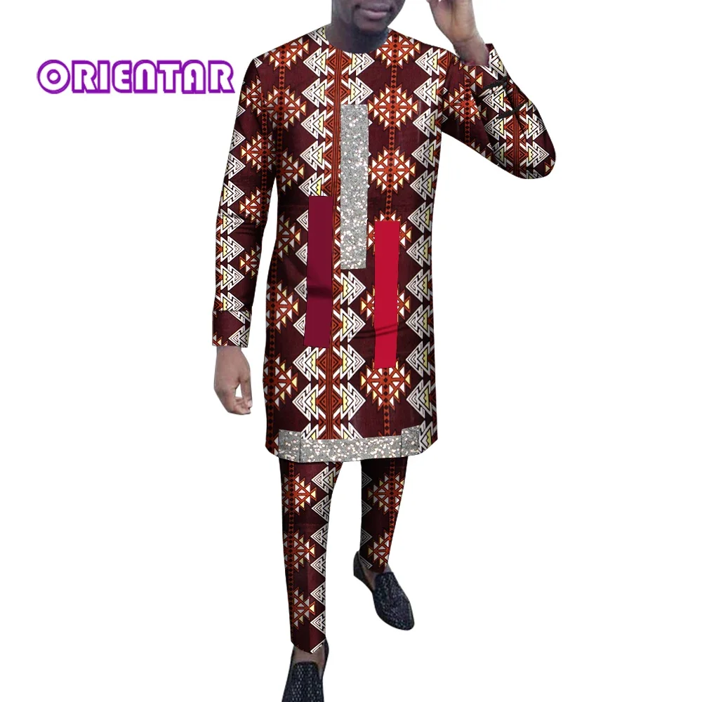 African Clothing Men\'s Print Set Long Shirts+Trousers Custom Made Ankara Fashion Male Groom Suits African Clothes Party WYN1554