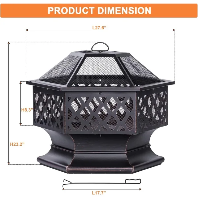 28-Inch Hexagon-Shaped Outdoor Wood-Burning Fire Pit for Backyard Patio Camping and Outdoor Bonfire Use in Antique Bronze Finis 2