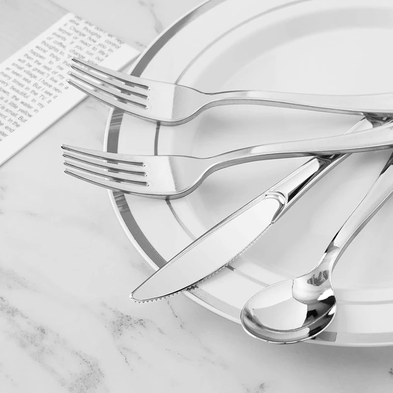 Pre Rolled Silver Plastic Silverware Set,Pre Rolled Napkins With Silver Cutlery Set For Party,Birthday