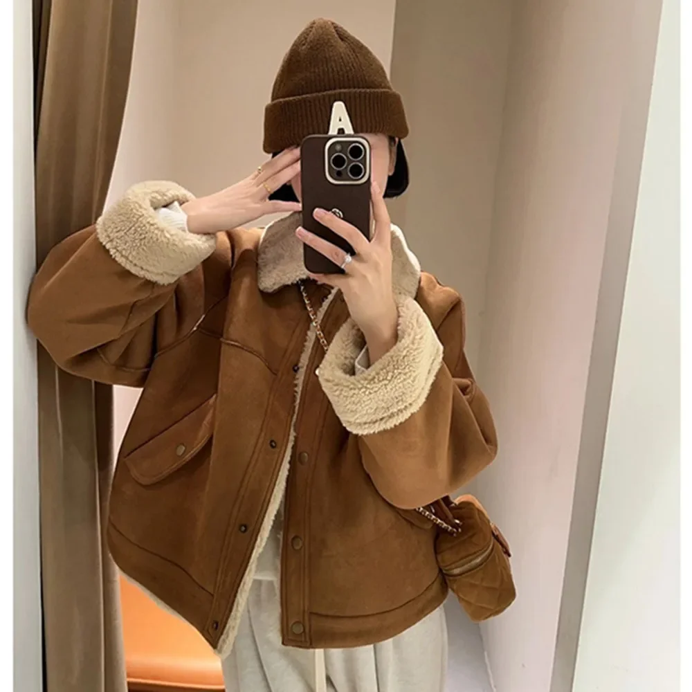 Women's Casual Sherpa Thick Warm Jackets Faux Shearling Cropped Coat Vintage Long Sleeve Front Pocket Female Outerwear Chic Tops women jackets women s reversible fleece faux sherpa ethnic tribal aztec print zip up drop shoulder teddy jacket s