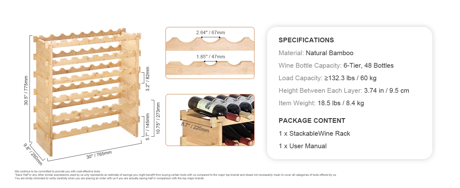 SucceBuy 48/72 Bottle Stackable Modular Wine Rack Free Standing Wine Storage Rack Bamboo Wine Holder Display Shelves for Cellar
