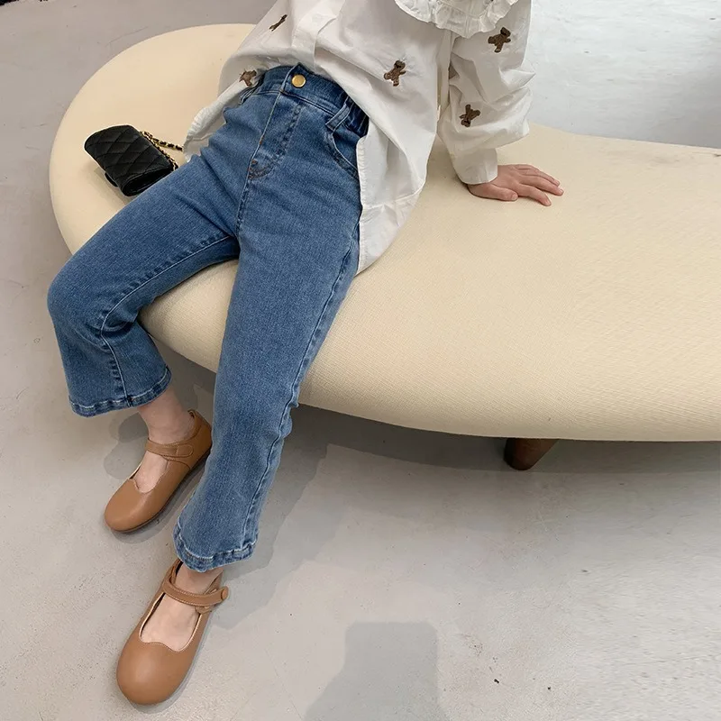 키즈 여아 봄 가을 아동 여아 청바지 한국 스타일 슬림핏 벨보텀 팬츠 하이웨이스트 데님 플레어 팬츠 A4511