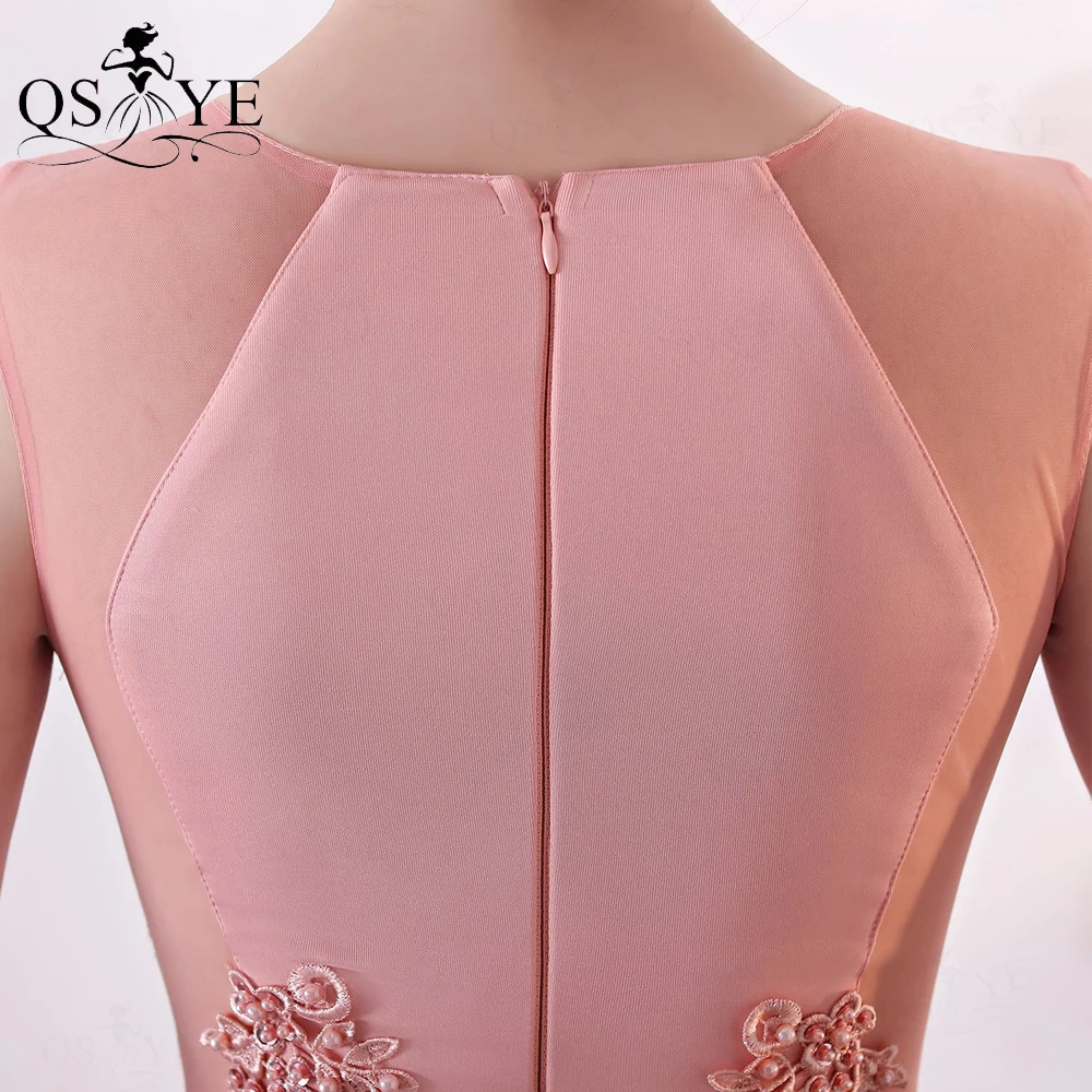 Pink Bridesmaid Dresses Illusion Waist Beaded Applique Lace Evening Prom Gown Sleeveless Long Fit Satin Formal Party Gown chic bridesmaid dresses
