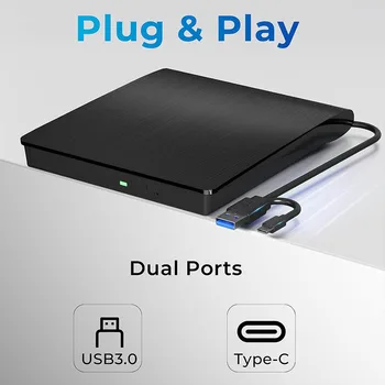 USB 3.0 USB C External CD/DVD RW Drive Read Burner Portable DVD Player Optical Drives For Laptop PC Windows 11 10 Linux OS Mac 2
