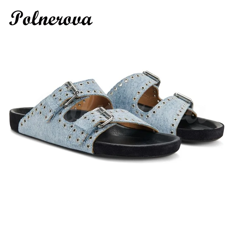 Leather Flat Comfortable Slippers for Women Fashion Rivet Outerwear Beach Shoes Ladies Casual Flip Flop Ladies Casual Beach Shoe