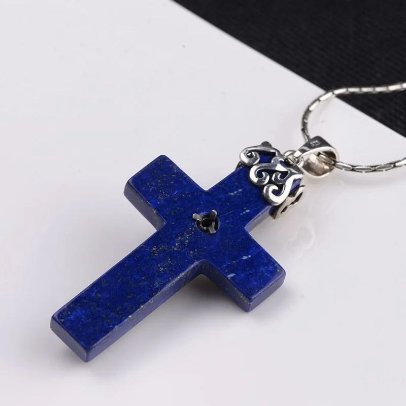 BOCAI S925 Sterling Silver Charms Pendants for Women Men New Fashion Crucifixion-cross Inlaid Lapis Lazuli Jewelry Free Shipping