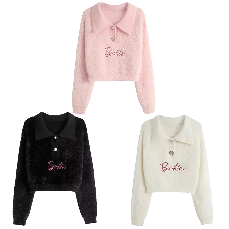 

Женский Барби Розовый Топ 2023 мягкий стиль С Вышивкой Букв норковый бархат Po Lo воротник короткий свитер плюшевые мягкие свободные топы подарок