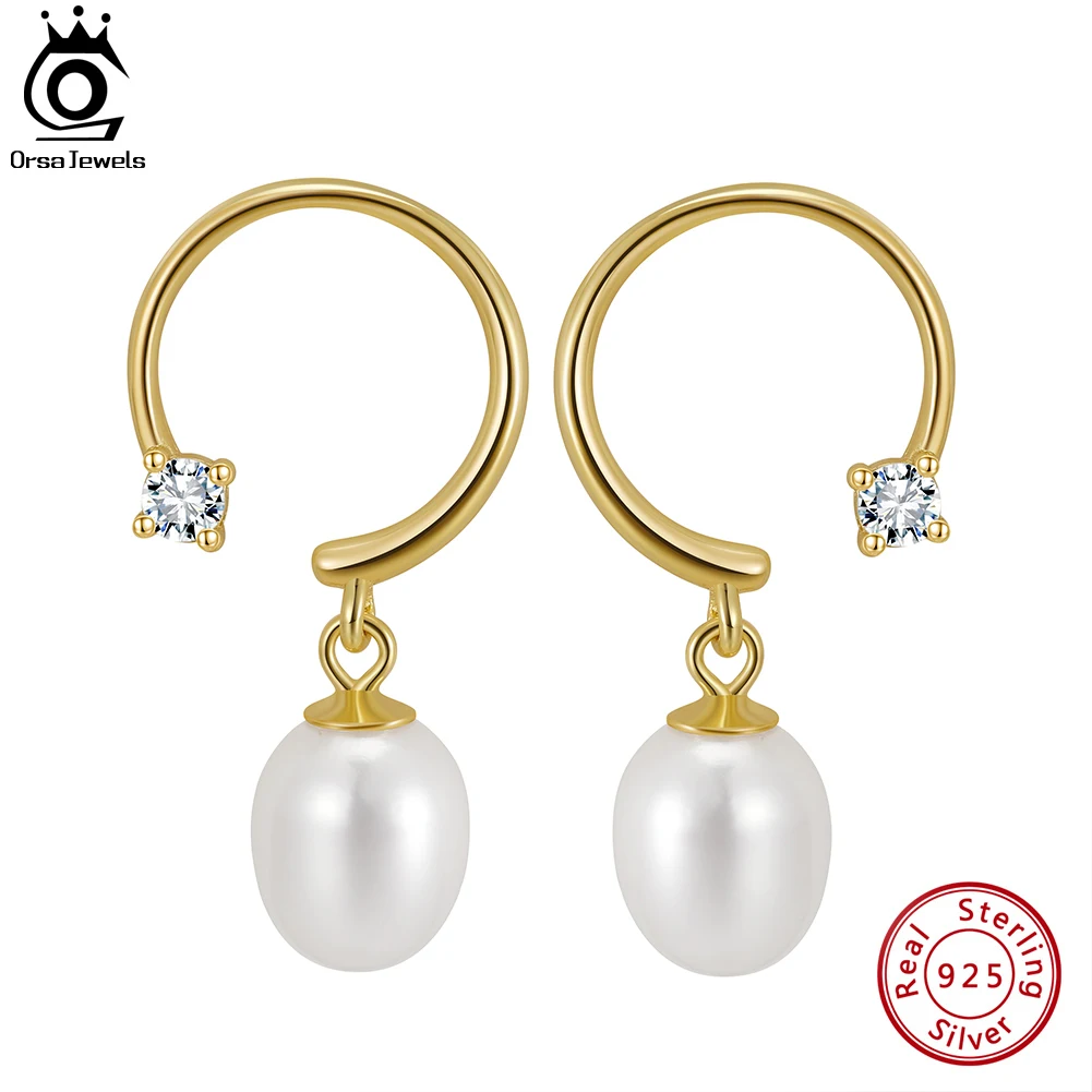 

ORSA JEWELS Fashion 925 Sterling Silver Natural Pearl Earrings with AAAA Cubic Zirconia for Women Party Eardrop Jewelry GPE43