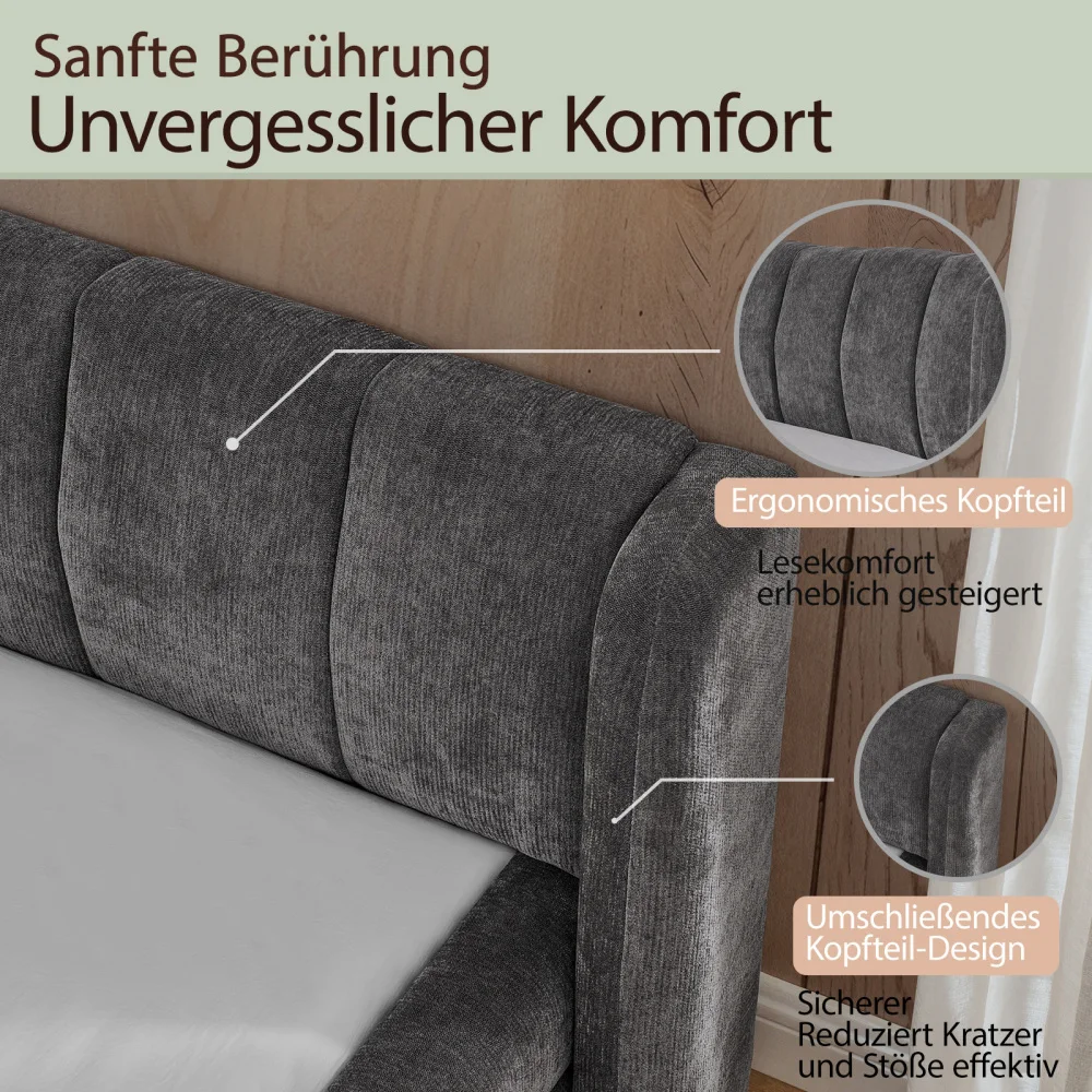 Einzelbett 90*200 cm, hautfreundlicher Chenille-Stoff, bequeme Rückenlehne, auch als Kinderbett geeignet, Beige (ohne Matratze) – Detail 26