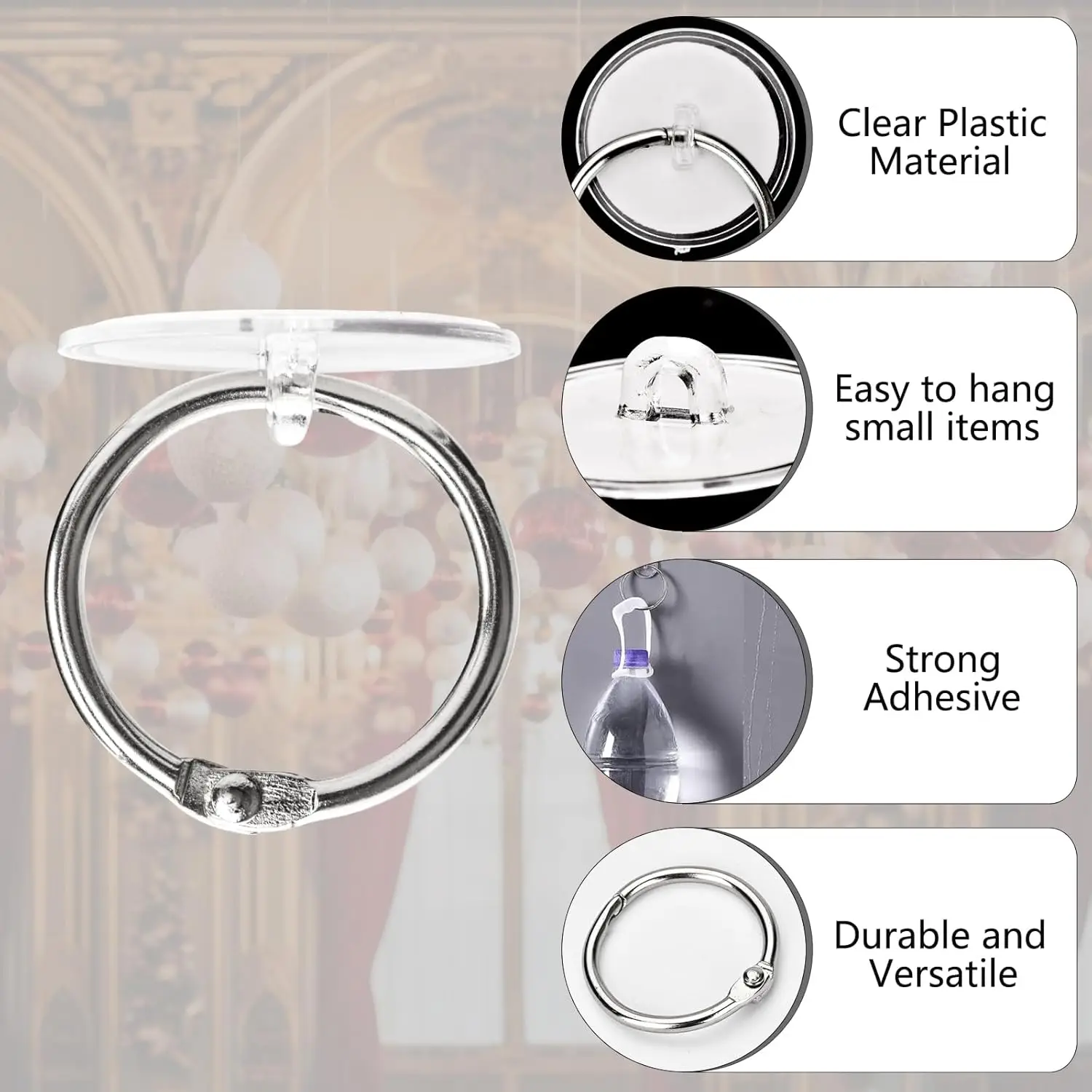 10pcs Self Adhesive Ceiling Hook 2/3cm Hanging Hook with Binding Ring Clear Wall Hook Decor for Christmas Party Kitchen Bathroom 4