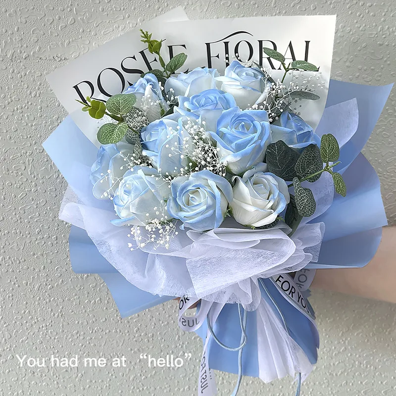

Голубое мыло, букет цветов, искусственные розы, подарочный пакет, подарок для девушки на День святого Валентина, ручная работа