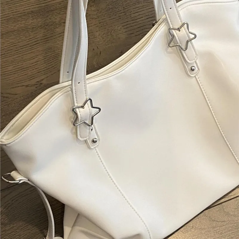 White Star Studded Tote Bag Women Leather Large Capacity Shoulder Bags Ladies Casual Versatile Commute Minimalist Crossbody Bag