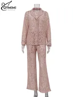 Oymimi Summer Pink Perspective Sets Womens 2 Piece Casual Long Sleeve Button Shirts And High Waist Straight Trousers Female Sets - Image 4