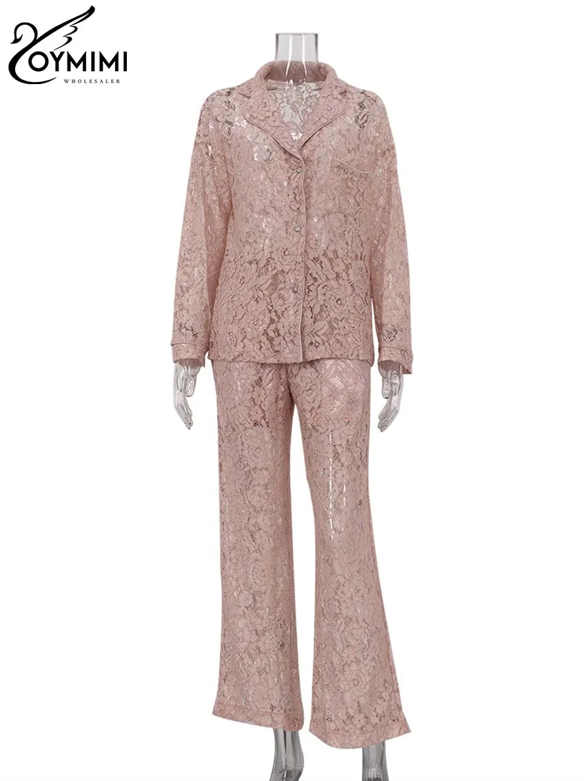 Oymimi Summer Pink Perspective Sets Womens 2 Piece Casual Long Sleeve Button Shirts And High Waist Straight Trousers Female Sets 4