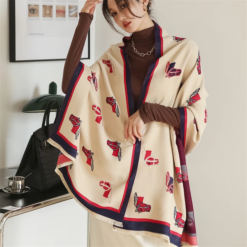 

Women Winter Scarf Cashmere Pashmina Shawl Wrap Horse Print Warm Thick Blanket Hijab Female Stoles Echarpe Large Scarves