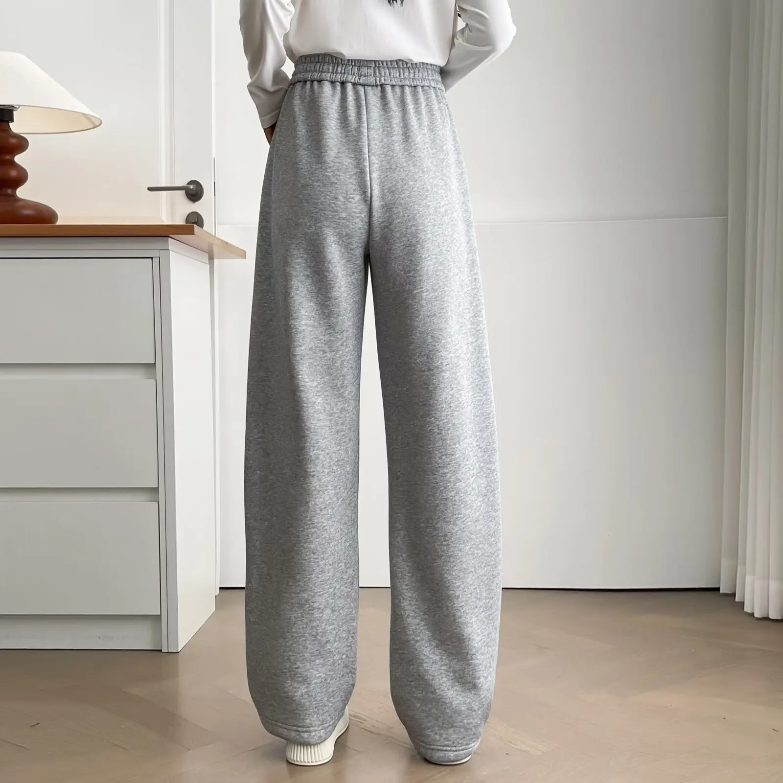 XXXXL Fashion Plus Size Women's Straight Pants Winter Style Simple Fleece And Thickened Warm Wide Leg Trousers 2862