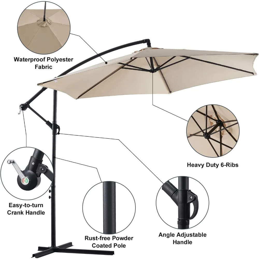 10ft Cantilever Patio Umbrella, Offset Hanging Outdoor Table Umbrella with Tilt Crank, 6 Sturdy Ribs and Cross Base, UV 5