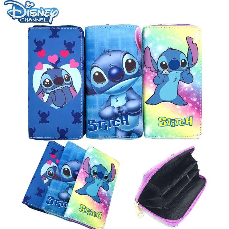 Disney Stitch PU Leather Purse New Cute Cartoon Pattern Fashion Girl Long Bag Multi-layer Card Bag Coin Purse Hand Storage Gifts