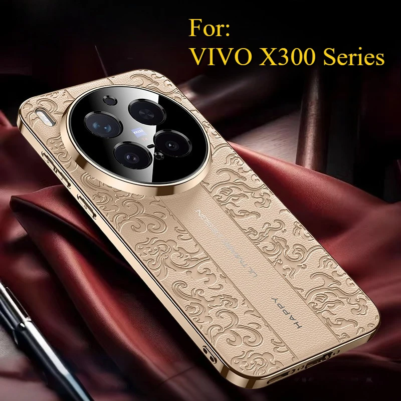 Embossed Leather Shockproof Plating Camera Lens Protection Hard Phone Back Case
