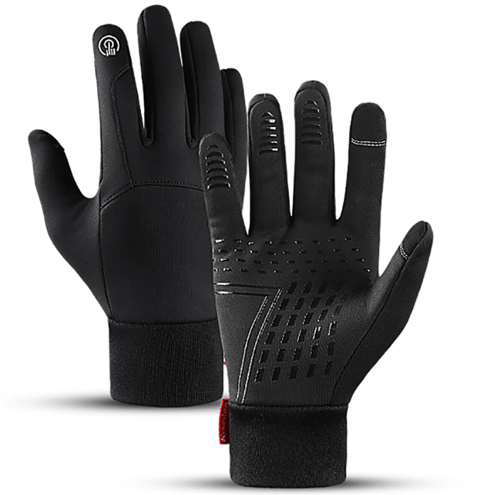 Winter MTB Cycling Gloves Leather Wear Resistant Warm Plush Insulation Snowmobile Motorbike Gloves Men Black for Work Hiking 2