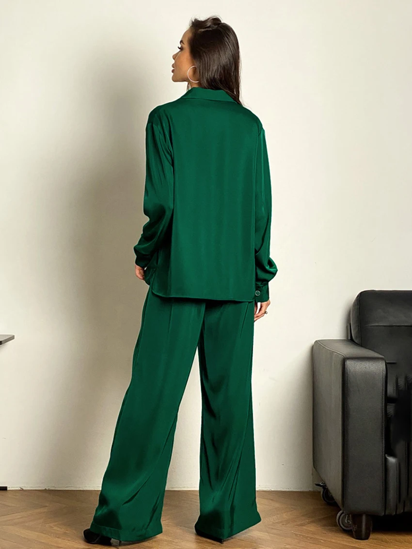 Marthaqiqi Casual Women Nightgowns 2 Piece Set Sexy Turn-Down Collar Pajamas Long Sleeve Sleepwear Pants Ladies Nightwear Suits