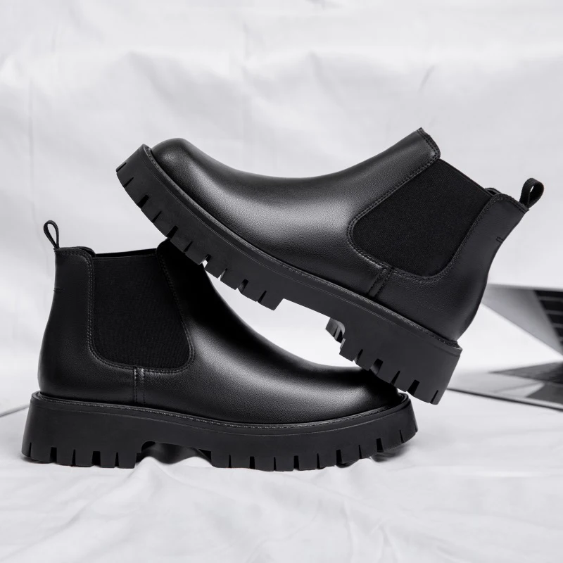 Men Chelsea Boots Platform Short British Style Microfiber Leather Autumn Winter