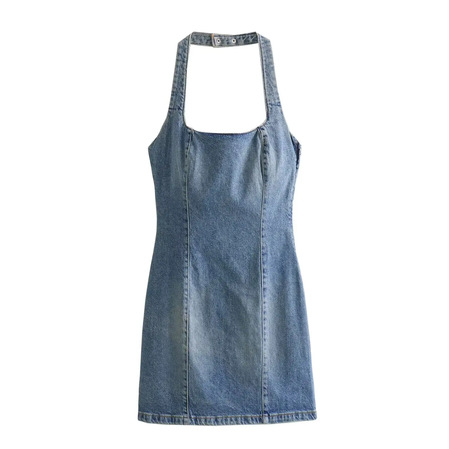 thumbnail image 1 of HH TRAF Mujeres Verano Nuevo Sólido Espalda Elegante Moda Cuello Colgante Vestido De Mezclilla Tirantes Sin Mangas Espalda Descubierta Delgado Botón A Presión Mini Vestido, 1 of 5