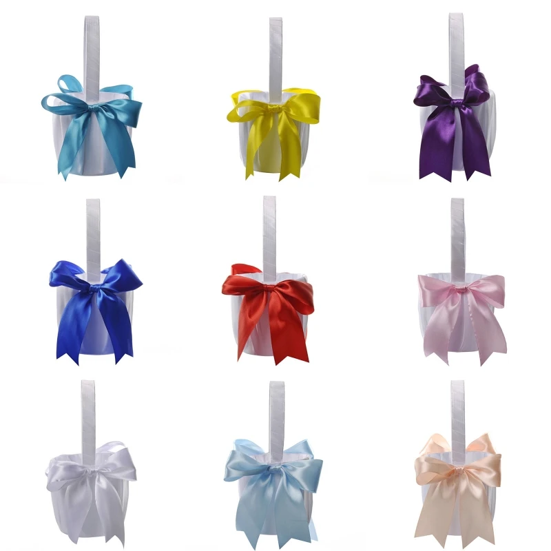 

Wedding Flower Girl Baskets Elegant White Small Piece Satin Flower Basket Handmade Ribbon Bows Decor 5 x 9 Inches 94PA