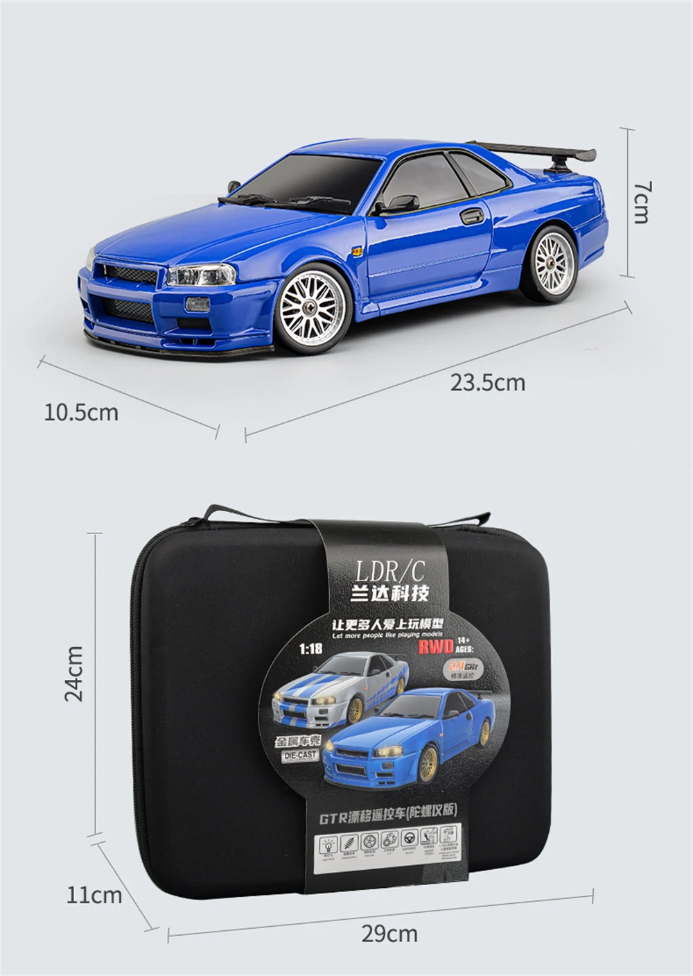 LDRC 1899 RTR 1/18 2.4G RWD RC Car Drift GTR R34 Gyro LED Light On-Road Full Proportional Alloy Body Shell Racing Vehicles Models Toys