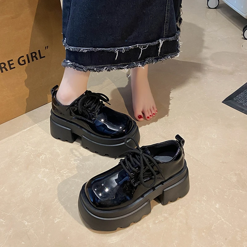 Aphixta 7.5cm Square Heel Ankle Boots Patent Leather Sneakers Women's Shoes Chunky Sole Lace Up Black Boots Shoes Women