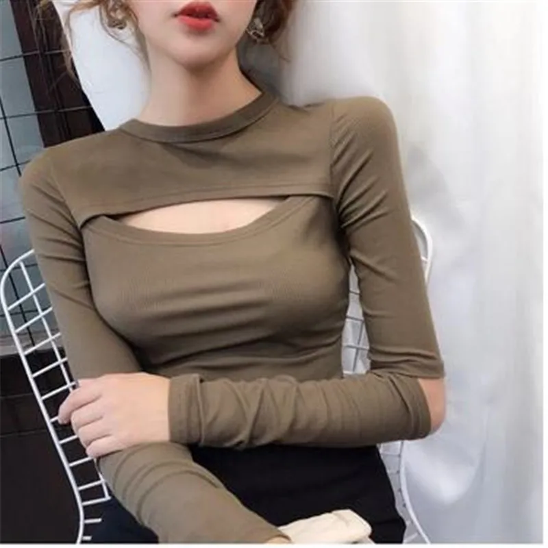 

Autumn Women tshirt Hollow Out Solid Black White Long Sleeve Knitted Tee Tops Casual Slim O Neck Fashion t shirt