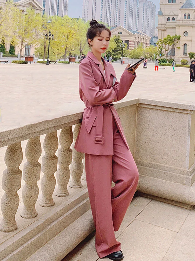 LANMREM Two Pieces Sets for Women 2022 Spring Female Solid Color Single Button Adjusted Waist Top Loose Wide Leg Pants Set2J1340 elegant pant suits