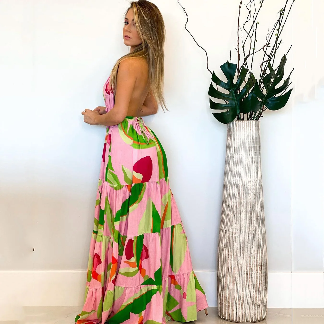 Vestidos de cuello halter con estampado de estilo bohemio para mujer, sexys, con escote en V y espalda descubierta, para vacaciones y playa, ropa informal para ir al trabajo.