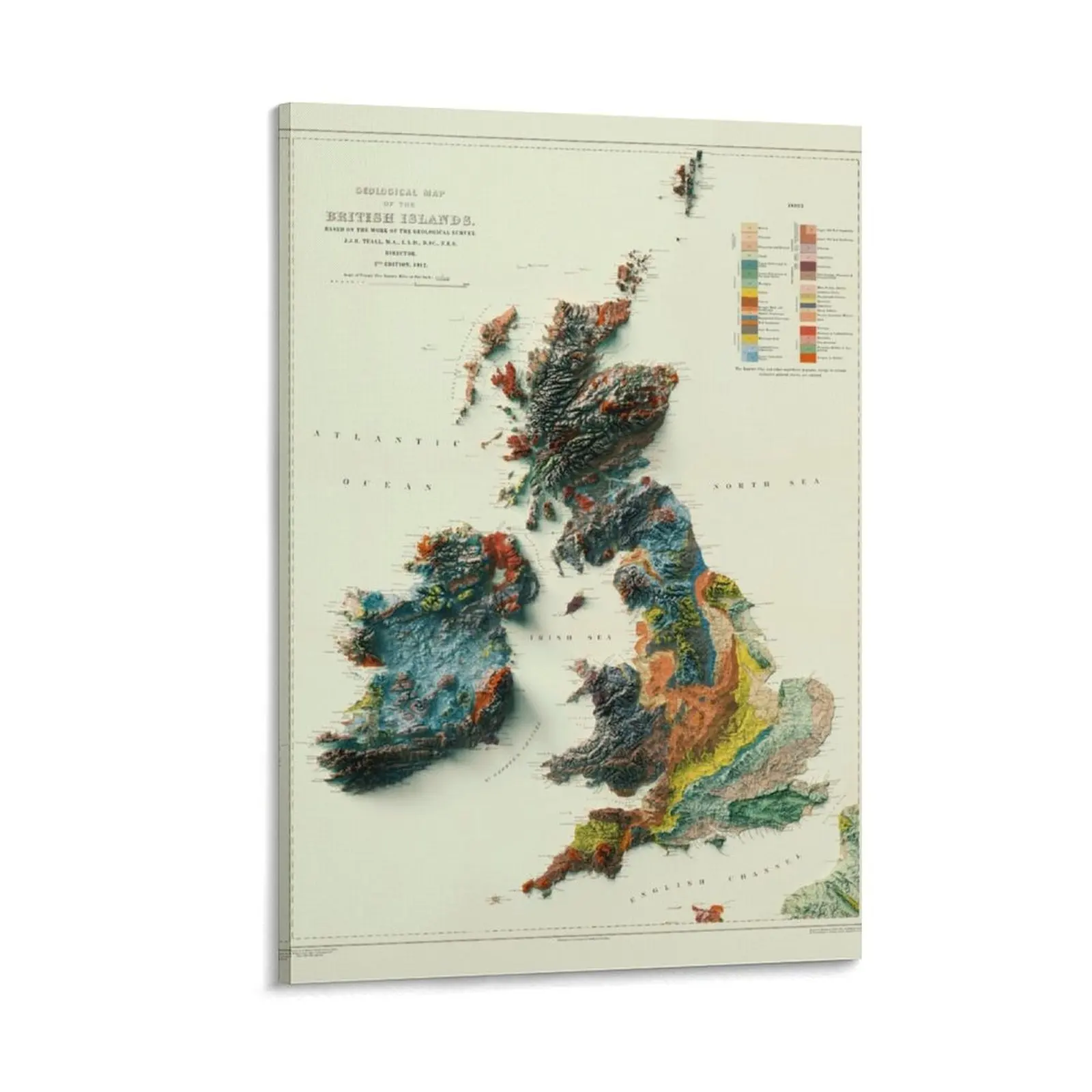 

1912 3D Ireland, British Islands and England Geological Relief Map digitally rendered Canvas Painting paintings wall decor