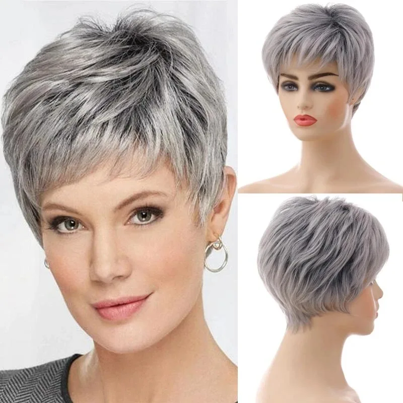 

WHIMSICAL W Synthetic Pixie Cut Short Hair Natural Wave Fluffy Wigs With Bangs For Black/White Women Daily Heat Resistant Fiber