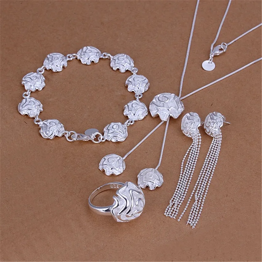 925 Sterling Silver rose flower Jewelry set ring Bracelet necklace