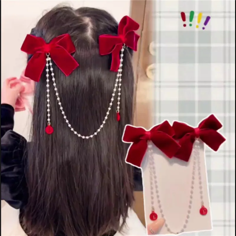 Elegant Pearl Bow Tassel Hair Clip Solid Velvet Hair Claw Children Princess Best Hairpins New Fashion Winter Hair Accessories