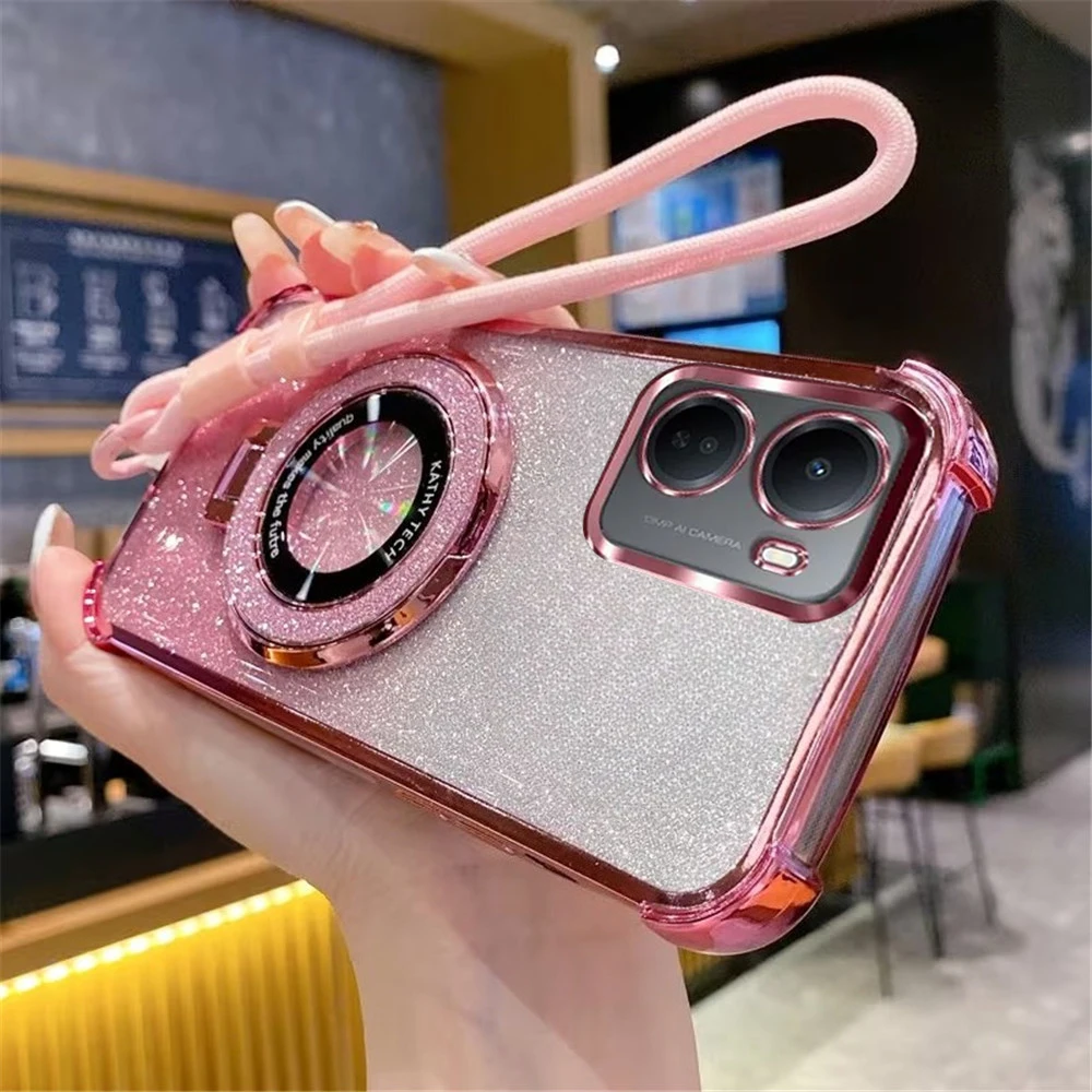 Luxury Glitter Phone Case with Wrist Strap Lanyard and Stand - Shockproof Cover