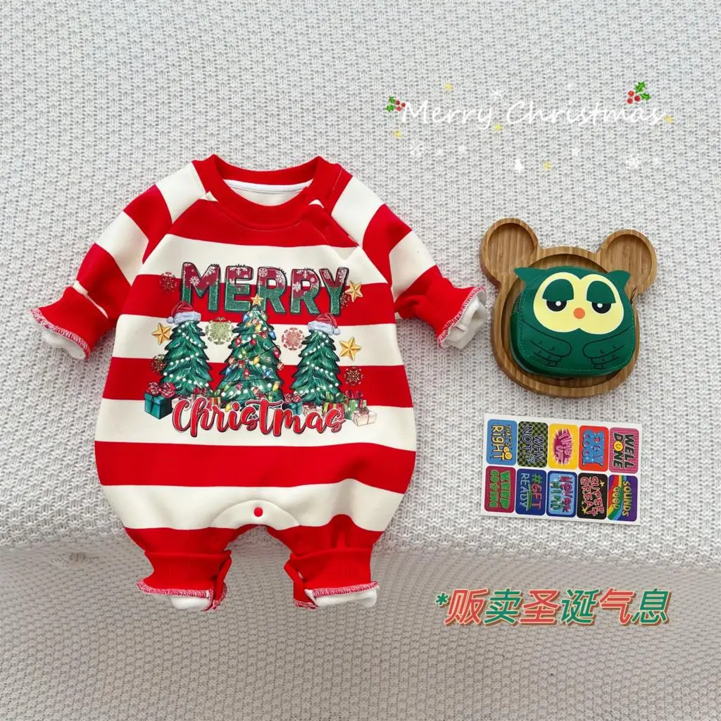 

2023 Autumn Winter New Baby Girls Rompers Red Stripe Christmas Plush Infant Girls Bodysuit Outwear Printed Toddler Girls Onesies
