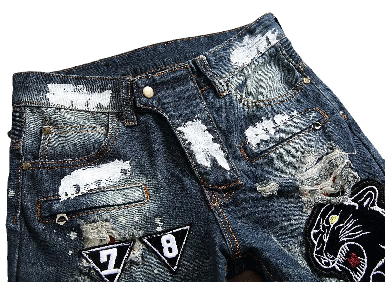 New embroidered ripped jeans men's badge hand painted  pants trend pleated splicing motorcycle long 