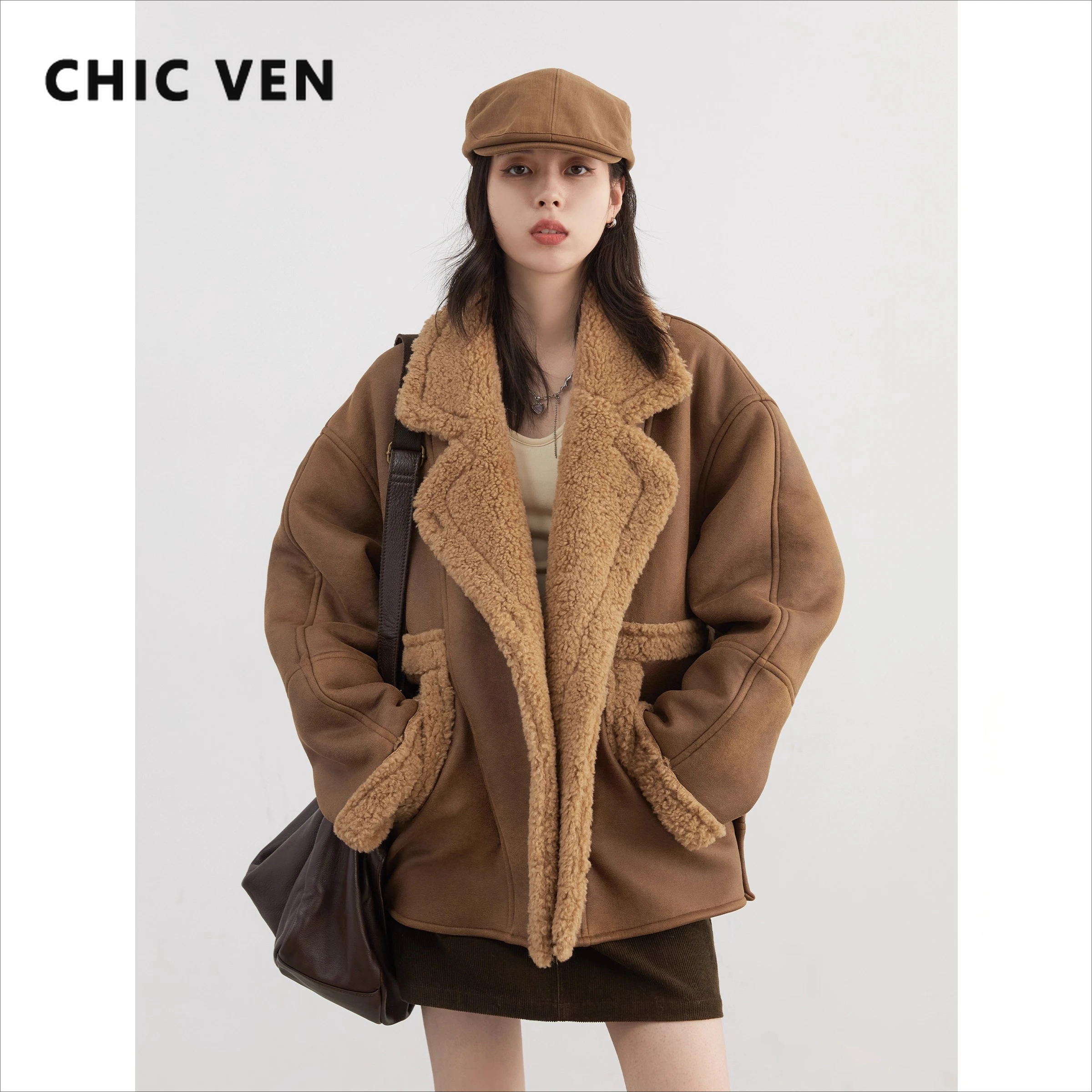 CHIC VEN femmes Faux cuir manteau simple boutonnage ample décontracté nouveau costume de moto en daim fourrure veste femme haut automne hiver 2025