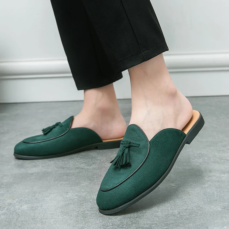 Summer Men Suede Half Loafers Fashion Tassel Breathable Slippers Man Outdoor Lightweight Mules Cool Half Shoes for Man Leather