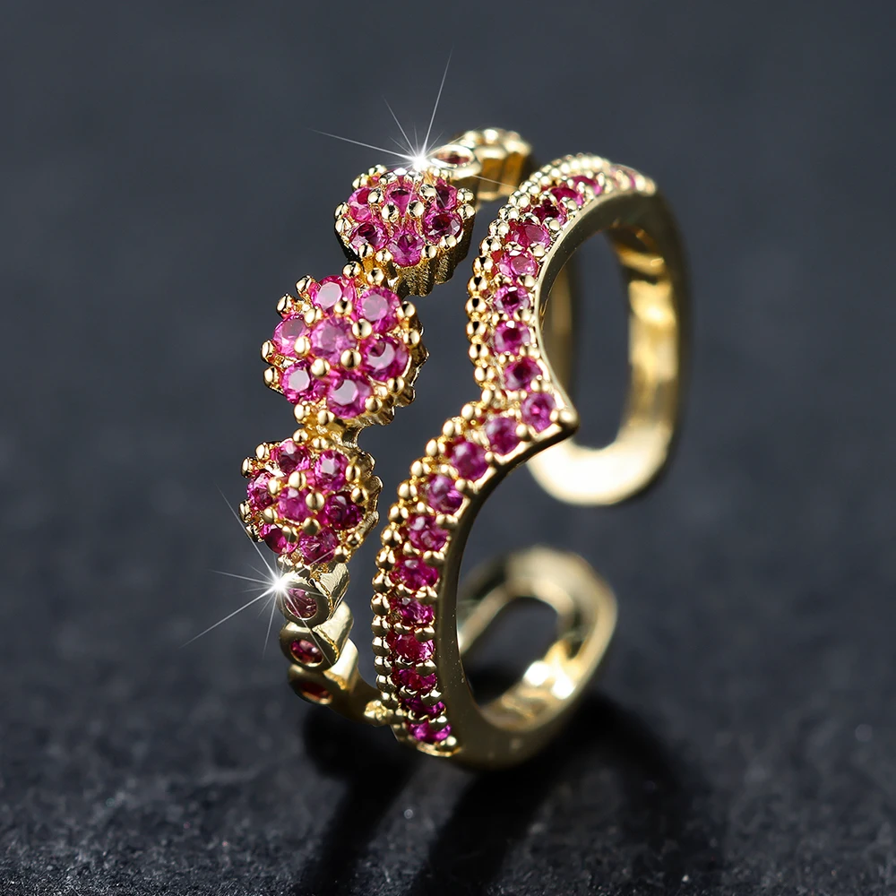 Stone Wave Rings For Women Antique Gold Color Zircon Flower Wedding Bands Adjustable Finger Ring CZ crystal rings,zircon rings,stone rings,fashion rings,gold rings,wedding rings,fashion ring,finger rings,metal rings