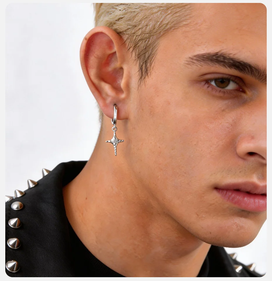 Vnox Zirkon-Kreuz-Stern-Ohrhänger, Silberfarbene Huggies Hoop Dangle Ohrringe für Männer und Frauen, Gothic Punk Hip Hop Schmuck Geschenk – Detail 3